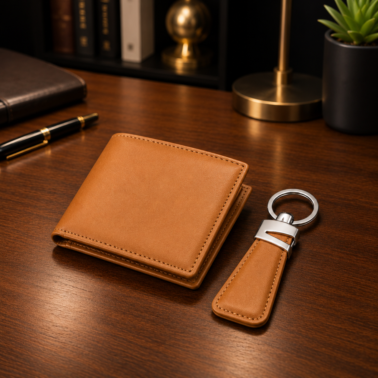 Premium Leather Wallet & Leather Keychain Gift Set - Luxury Gift Box for Men