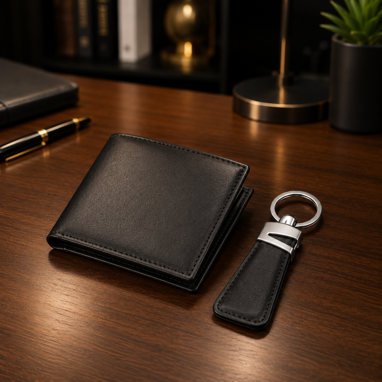 Premium Leather Wallet & Leather Keychain Gift Set - Luxury Gift Box for Men