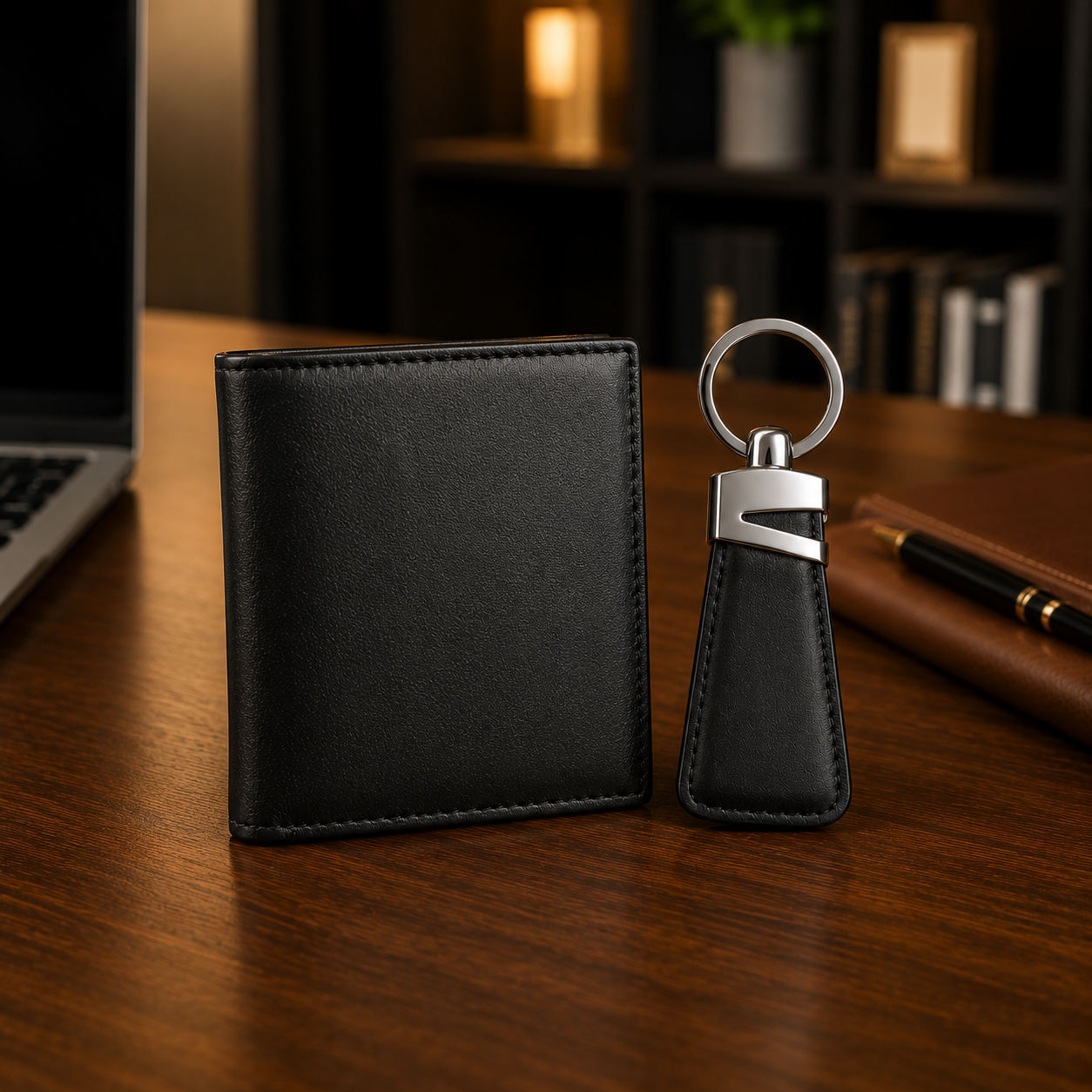 Premium Leather Wallet & Leather Keychain Gift Set - Luxury Gift Box for Men
