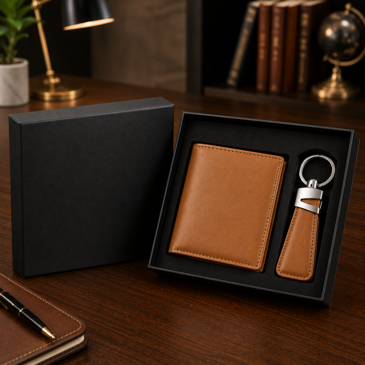 Premium Leather Wallet & Leather Keychain Gift Set - Luxury Gift Box for Men