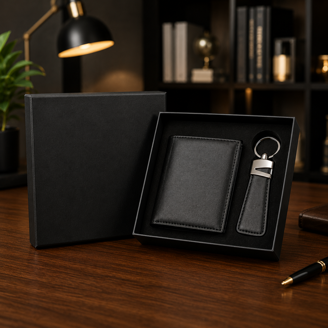 Premium Leather Wallet & Leather Keychain Gift Set - Luxury Gift Box for Men
