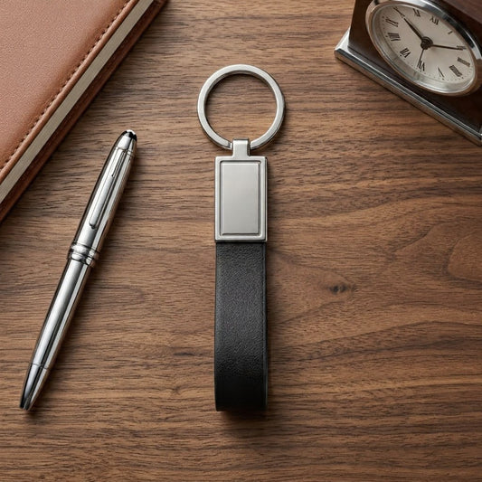 Premium Black Leather Keychain – Elegant Metal Frame Key Holder