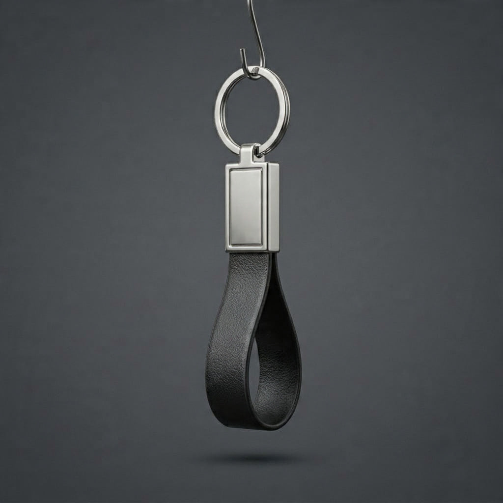 Premium Black Leather Keychain – Elegant Metal Frame Key Holder