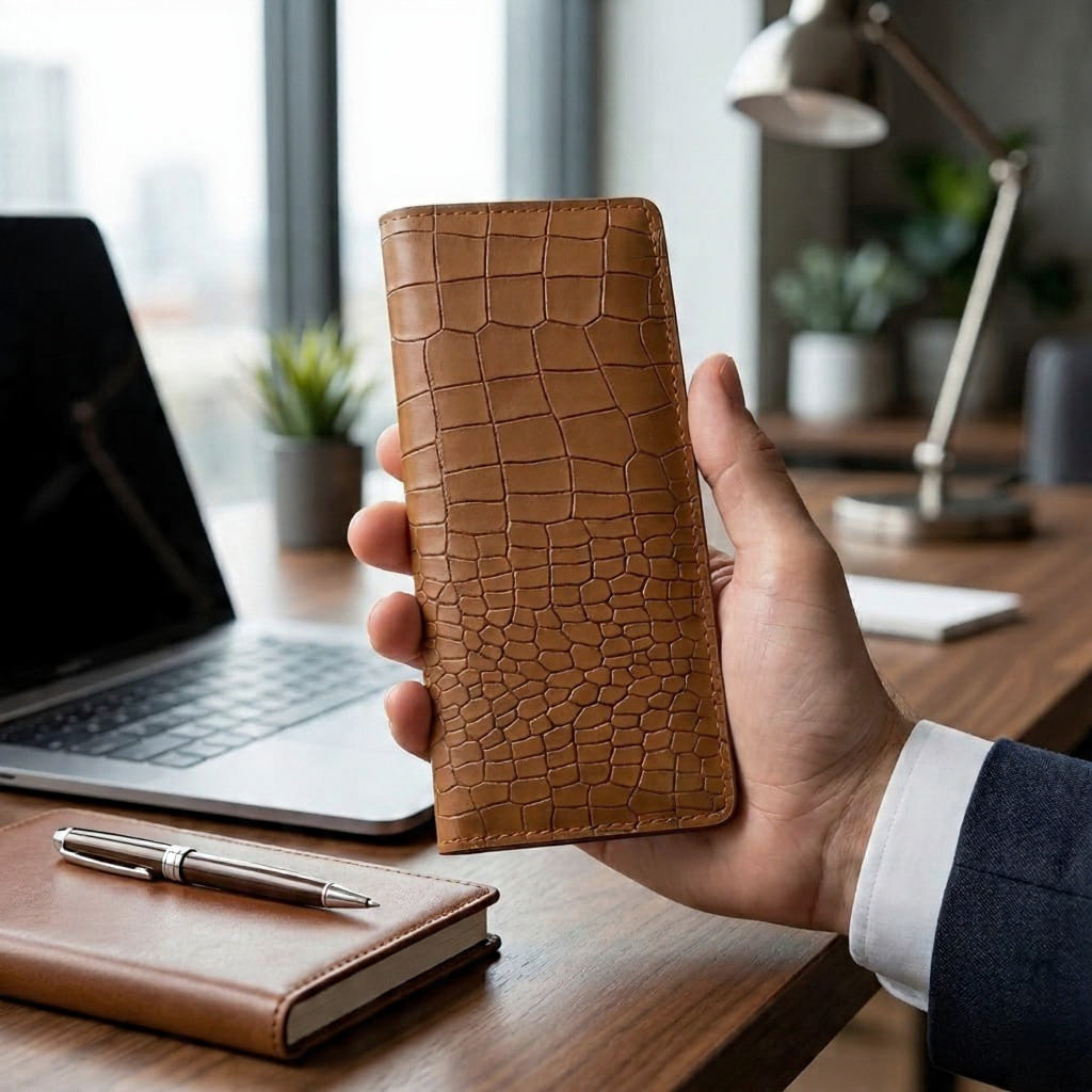 Crocodile Embossed Genuine Leather Long Wallet for Men – Premium Bifold Design
