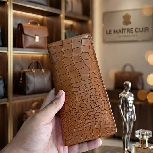 Crocodile Embossed Genuine Leather Long Wallet for Men – Premium Bifold Design