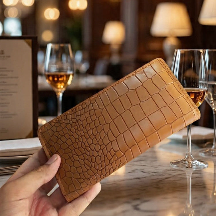Crocodile Embossed Genuine Leather Long Wallet for Men – Premium Bifold Design