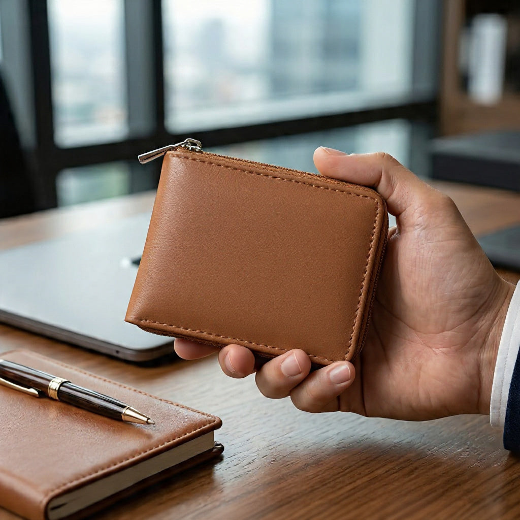 Genuine Leather Zip-Around Wallet for Men – Compact Bifold with Coin Pocket