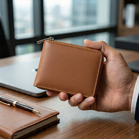 Genuine Leather Zip-Around Wallet for Men – Compact Bifold with Coin Pocket