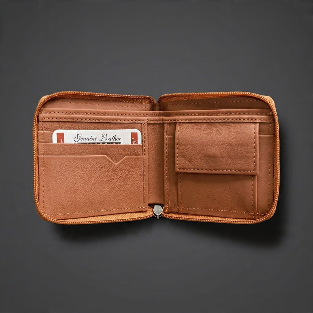 Genuine Leather Zip-Around Wallet for Men – Compact Bifold with Coin Pocket