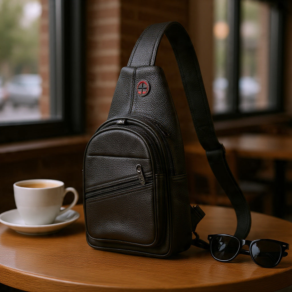 Premium Leather Sling Bag for Men – Black Crossbody Chest Bag