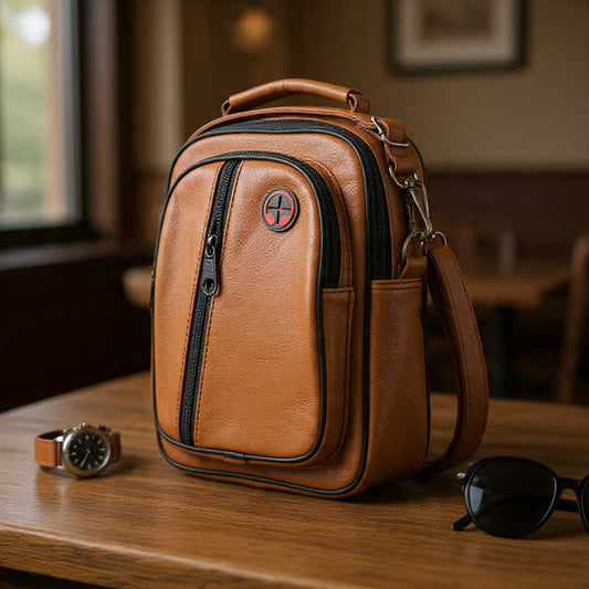 Premium Leather Crossbody Bag for Men – Multi Pocket Shoulder Travel Bag