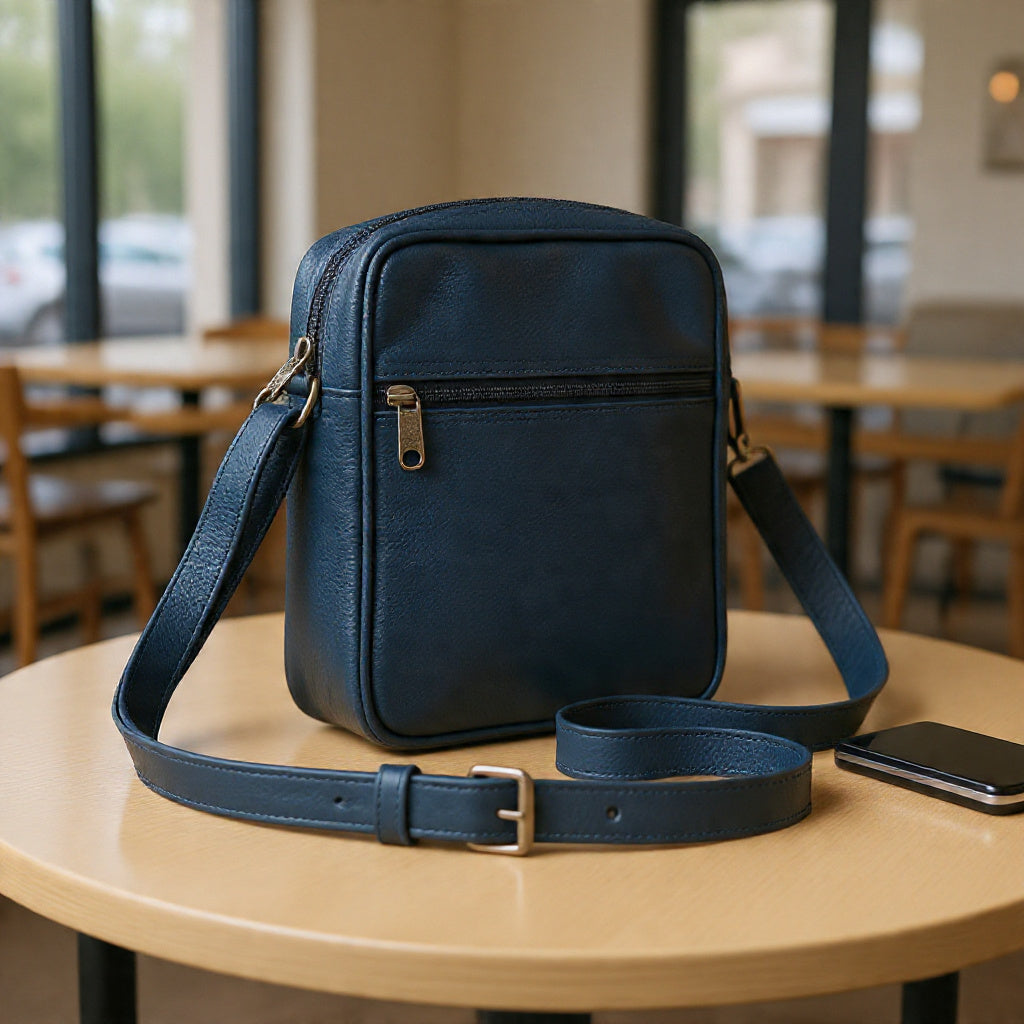 Premium Leather Crossbody Bag for Men – Compact Shoulder Bag (Navy Blue)