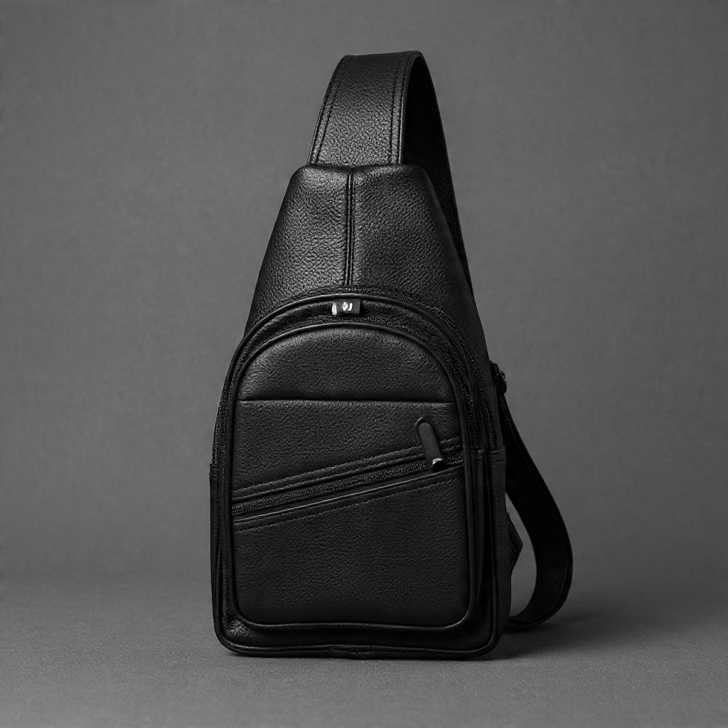 Premium Leather Sling Bag for Men – Black Crossbody Chest Bag